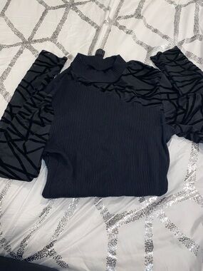 SHEIN Black Mixed-Texture Long Sleeve Bodysuit